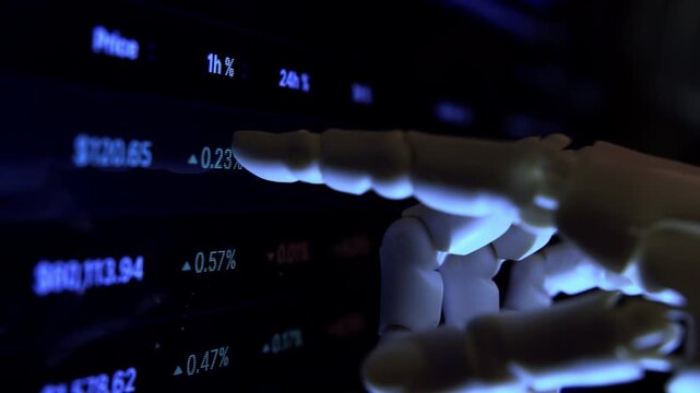 AI robotic hand managing economic assets and forecasting capital growth from monitor close up. Digital economic  automation processes metaphor shooting of dark mood office, shallow DOF.