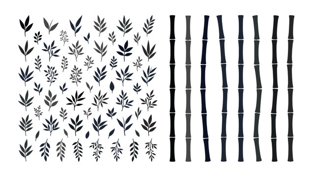 Bamboo stalks and tropical leaves silhouette elements vector illustration. Big collection of oriental botanical stems, foliage twigs, asian nature decorations, isolated on white background.