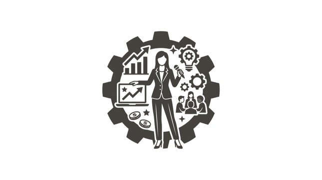 Businesswoman Presenting Growth Strategy with Laptop and Teamwork Icons