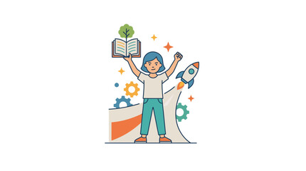 Child Holding Open Book with Tree, Rocket Launching, Symbolizing Education and Innovation