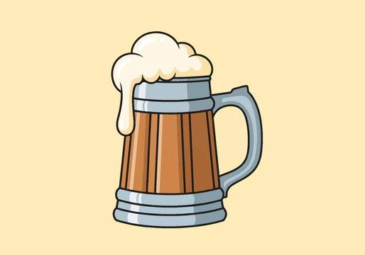 Vector illustration of a traditional wooden beer stein with silver metal bands and handle, filled with beverage and topped with thick white foam overflowing on a plain background.