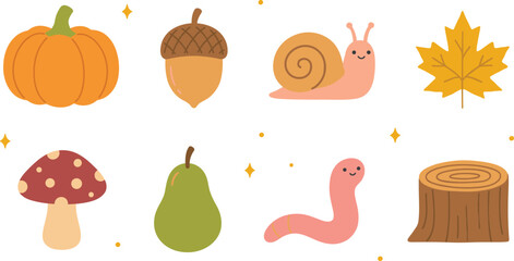 Cute Autumn Vector Icon Set with Cozy Fall Elements Pumpkin Acorn Snail Mushroom Leaf Pear and Worm Characters for Thanksgiving Graphic Design Assets © Rownok