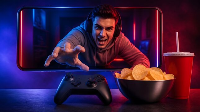 Mobile gaming, gamer and controller with smartphone for online play, immersive technology and esports competition. Young man, headphones and snacks with neon light, virtual reality and fun