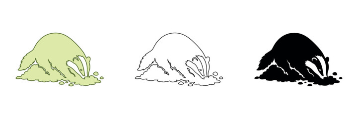 Badger digging in dirt, cartoon style, three variations shown © Ophelia