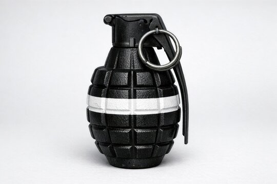 Hand grenade with keychain attached, photographed on a white background