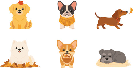 Fototapeta premium Cute Autumn Dog Breed Character Set with Cartoon Golden Retriever French Bulldog Dachshund Pomeranian Corgi and Schnauzer Icons