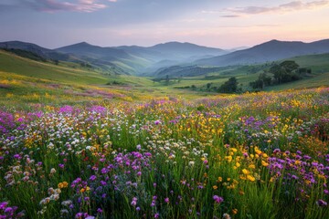 Obraz premium Blooming wildflower meadow spreads across rolling green hills under a soft sunrise sky