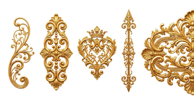 Vintage gold baroque ornaments, luxury golden filigree decorative elements, antique royal wood carving set, ornate metallic scrollwork for interior design isolated PNG with Transparent Background