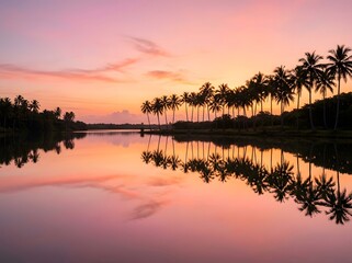 Obraz premium Silhouette of Palm Trees Reflected in Water at Tropical Sunrise
