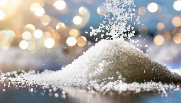 macro shot of pure white sugar or salt crystals falling onto a pile the detailed close up reveals the crystalline structure against a bright clean background with beautiful bokeh effect