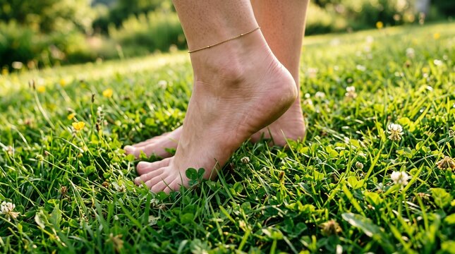 Close-up of woman's bare feet with a gold anklet standing on fresh green grass in a sunny summer park.