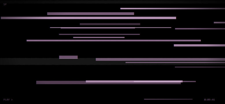 Dark horizontal line purple glitch texture. Pink corrupted data block, retro cyberpunk synthwave mood. Ideal for electronic music album cover, vintage gaming banner. Digital graphic.