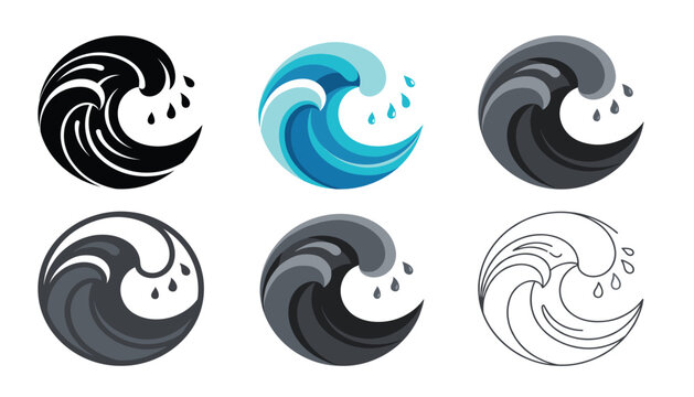 Ocean wave icons set in various graphic styles vector illustration. Collection of circular sea crest elements including colored flat art, solid black silhouette, thin line contour, isolated on white.