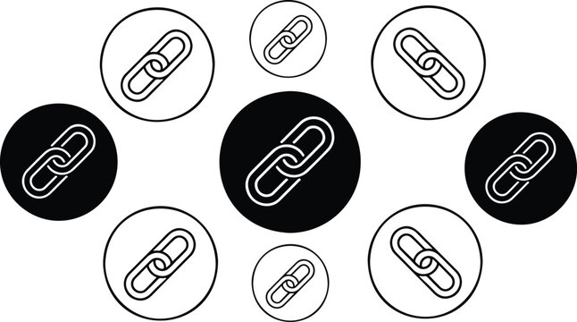 Circular chain link icon collection containing flat line art connection and data integration symbols isolated on white background