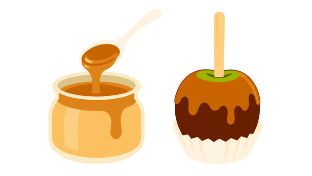 Caramel sauce jar with spoon and candy apple vector set