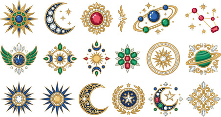 Celestial Astrology Jeweled Icon Set with Gold Sun Crescent Moon Saturn Planets Constellations and Magic Talismans for Fantasy RPG Game Assets and Spiritual Branding © MdMonirul