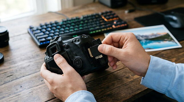 A person holding a professional camera and inserting a memory card at desk