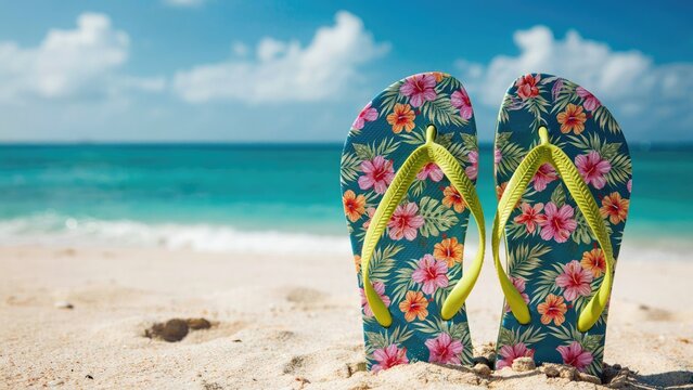 Pair of floral flip-flops standing in sand on a tropical beach