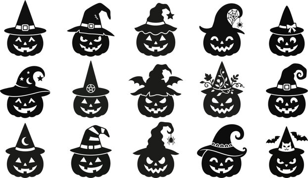Halloween pumpkin silhouettes spooky jack o' lanterns with witch hats halloween decor