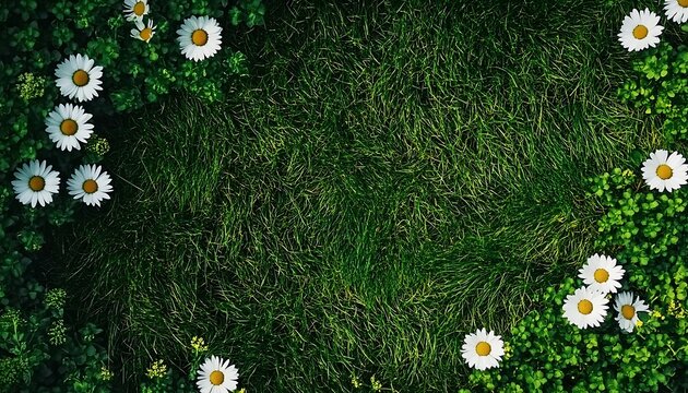 Vibrant green grass and white daisies scattered, overhead view nature background.