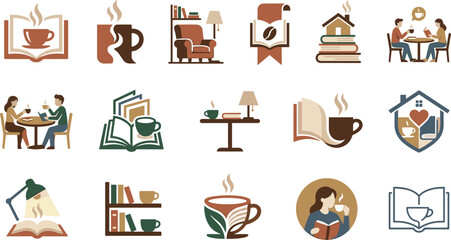 Cozy Book Cafe and Library Icon Set with Coffee Cups Open Books Reading Armchairs Bookcases People Drinking Hot Beverages and Literary House Branding Elements © MdMonirul