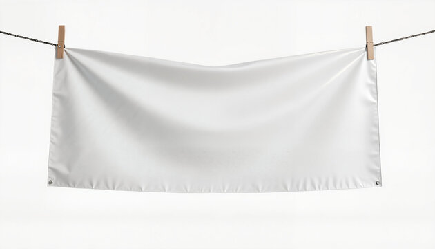 Blank canvas banner hanging on line for advertising and promotional purposes. White banner on clothespins offers ample space for text or graphics. Ideal for event marketing or business signage.