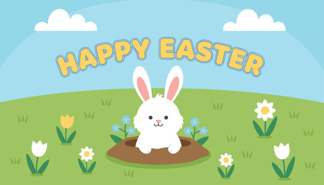 Cute white bunny popping out of a hole in a green grassy field with flowers and a happy easter greeting in the sky.