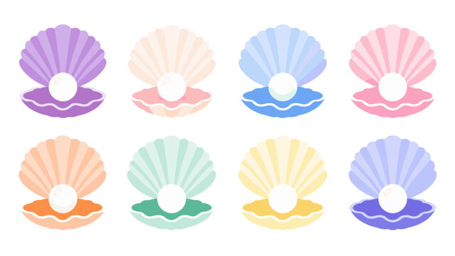 Colorful scallop shells with pearls set in flat vector style