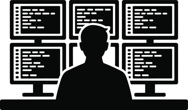 Silhouette of a software developer sitting in front of five computer monitors displaying code... d