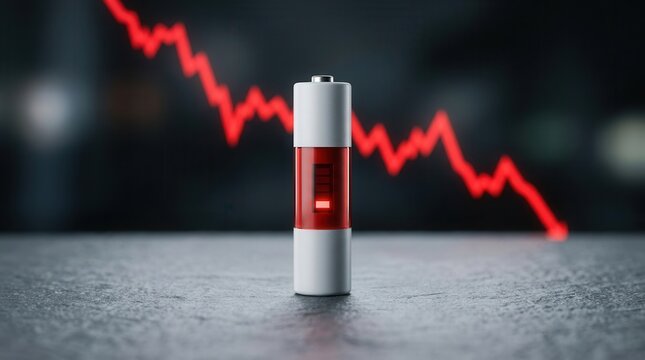 Symbolizing energy drain and diminished capacity, a depleted battery sits before a falling red line.