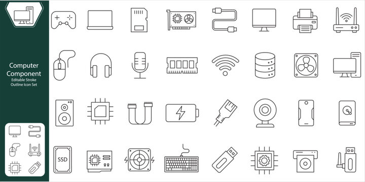 Computer component editable stroke line icon set. part of computer, monitor, server, cpu, hard drive, RAM, webcam.
