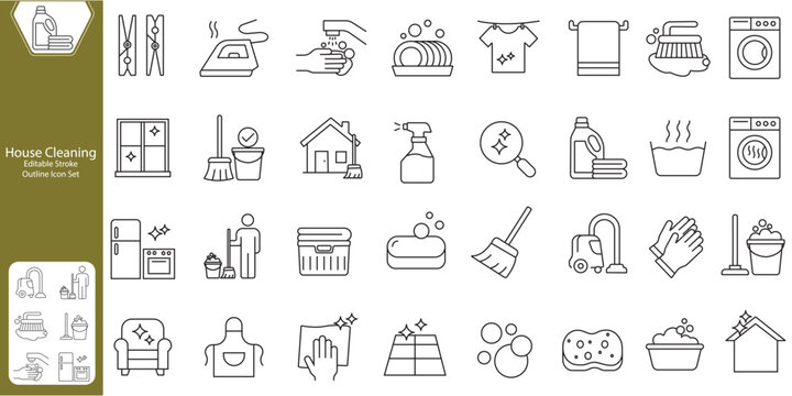 House Cleaning editable stroke line icon set. cleaning tools, washing, vacuum cleaner, detergent, equipment, household, appliances.