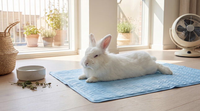 Pet rabbit staying cool indoors in hot weather