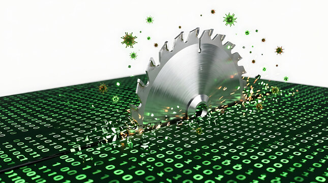 Circular Saw Cutting Binary Code Representing Cyber Security Threat and Data Destruction