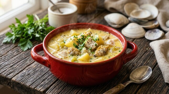Delicious seafood soup with quahogs, potatoes, and herbs in a rustic setting