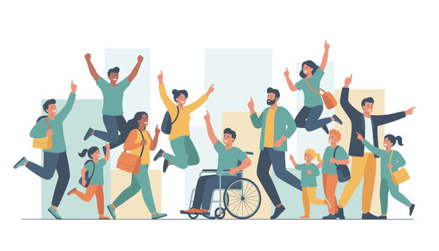Large group of diverse, happy people of all ages and abilities jumping and cheering together against a modern city backdrop.