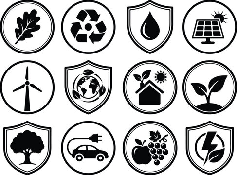 Black and White Eco Sustainability Icons for Green Business Branding