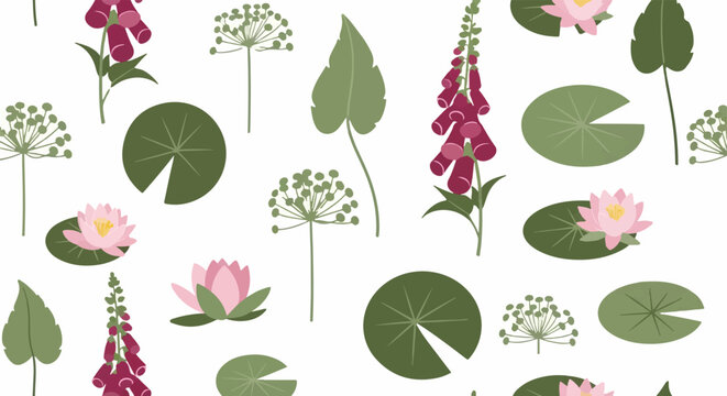 Colorful water lily and foxglove botanical illustration.