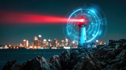 Future navigation concept featuring a lighthouse beam and glowing digital data interface. © Sukon