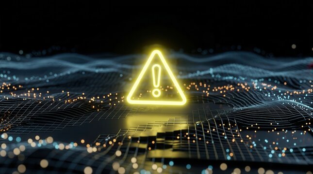 Digital incident response alert and containment concept featuring a warning triangle on a dark topographic terrain.