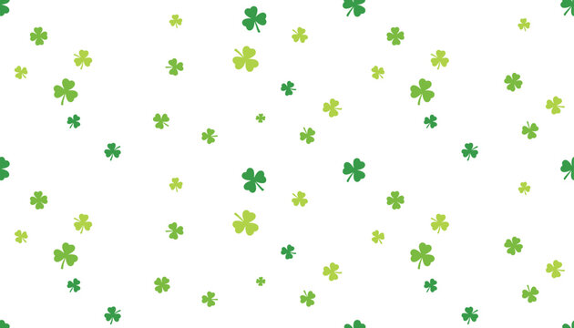 Seamless pattern design featuring various green three leaf clovers on white background for Saint Patrick Day celebration theme.