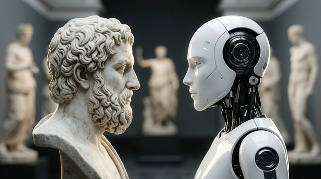 Classical Greek sculpture and a futuristic android statue in an old vs new art dialogue.