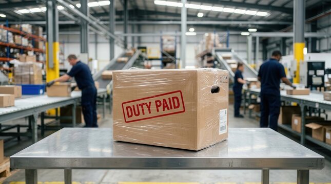A cardboard box with a duty paid stamp during cargo taxation administration and government inspection.