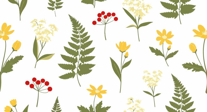 Colorful botanical illustration with ferns and flowers.