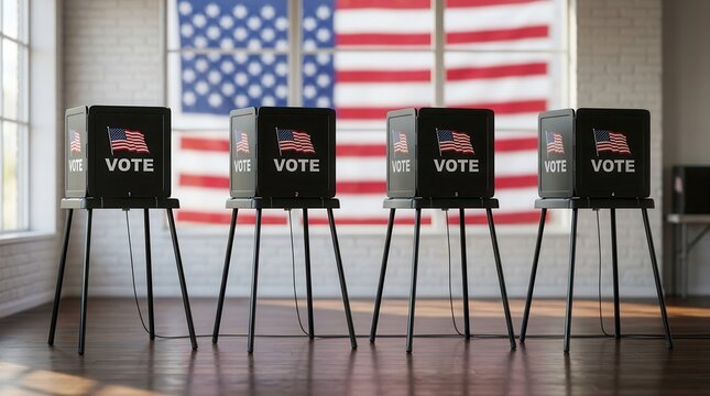 Democratic process in action with American voting booths and US flag background.