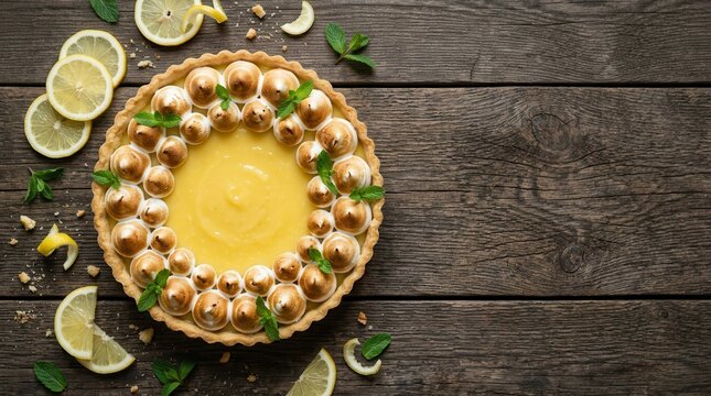 Top view of a delicious lemon meringue tart featuring fresh curd and mint on rustic wood.