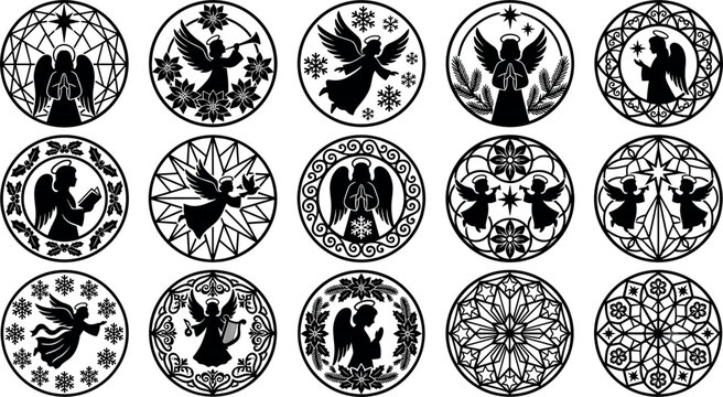 Round Christmas Angel Silhouette Ornament Set with Stained Glass Patterns Cherubs Praying Stars and Floral Mandala Stencils for Festive Holiday Laser Cutting Designs