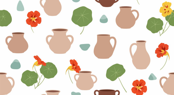 Colorful pottery and flowers seamless pattern design.