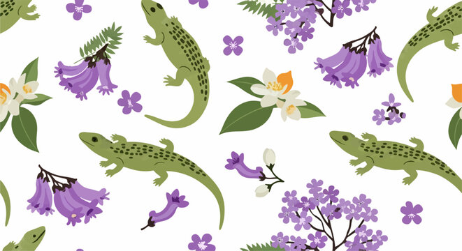 Colorful lizards and purple flowers seamless pattern design.