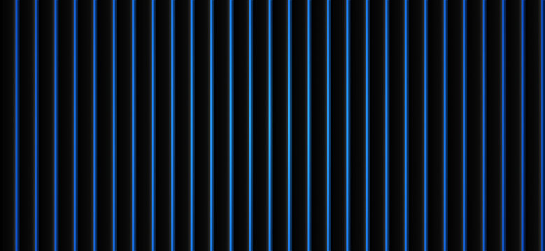 Dark black neon blue vertical line stripe texture. Glowing parallel metallic slat geometry, futuristic cyber network mood. Creative asset for streaming channel art, ui screen. 3d render art.
